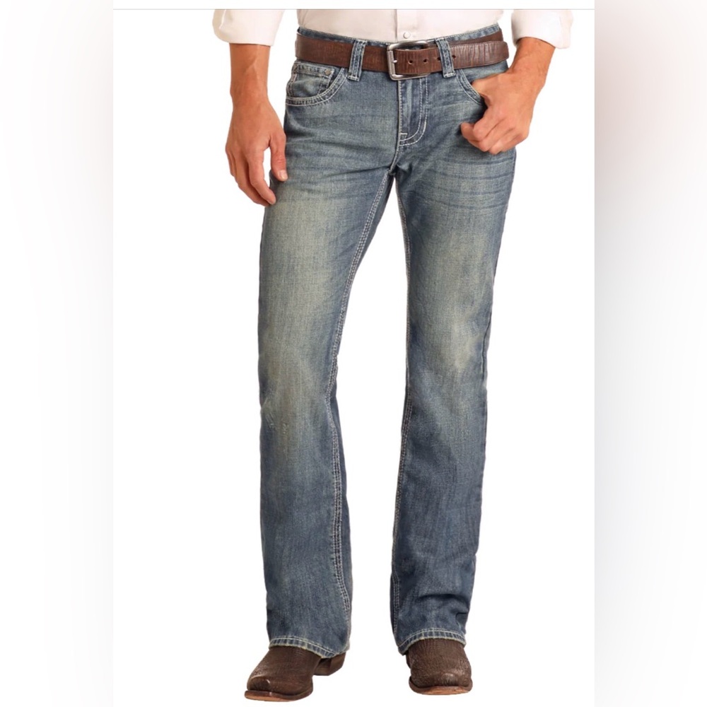 Mens Rock & Roll Cowboy Denim Regular 
Fit Ivory Stitch Bootcut Jeans Size 29/34